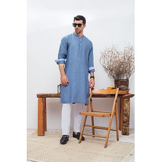 Bean Blue Linen Stylish Mens Kurta